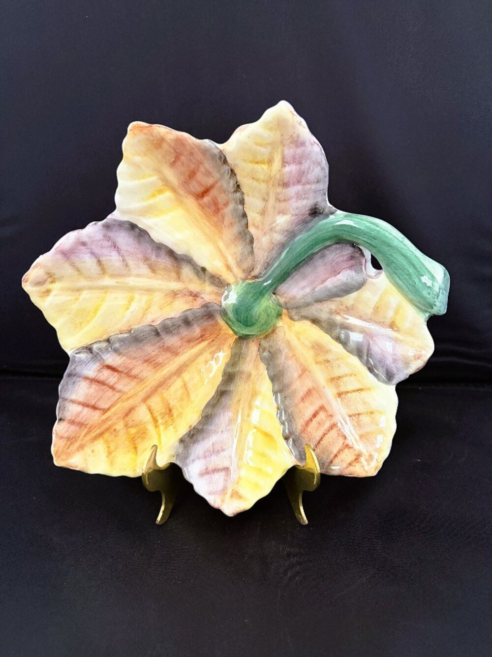 Vintage Serving Plate Italian Majolica Ceramic Banana Leaves 9"